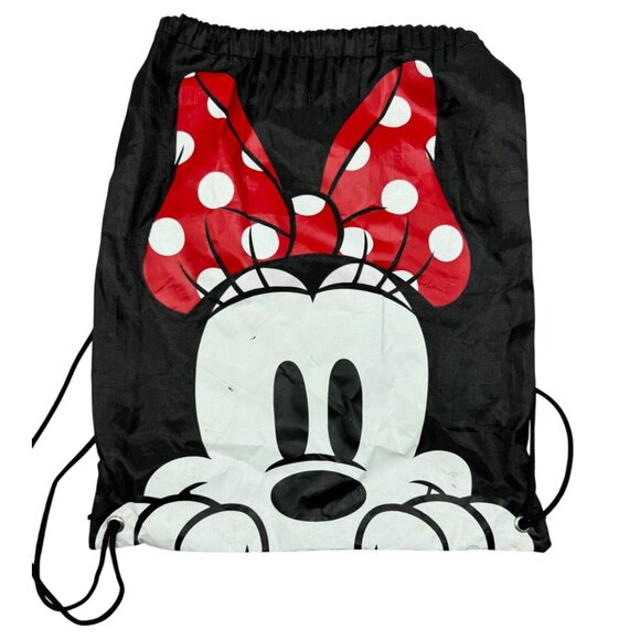 Disney Minnie Mouse Drawstring black Backpack Bag red dot bow 15x12" READ - Picture 1 of 3